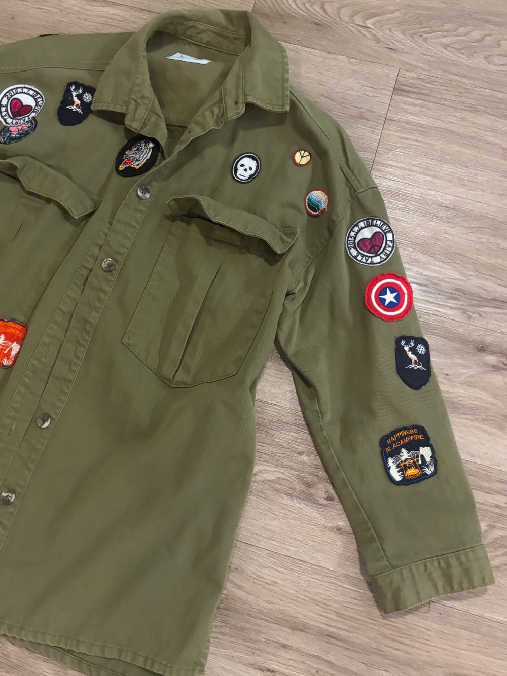 Pull&Bear Olive Green Patchwork Military Jacket - Picture 2 of 7